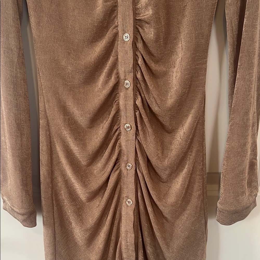 Bardot Brown Ruched Long Sleeve Shirt Dress - Picture 3 of 8